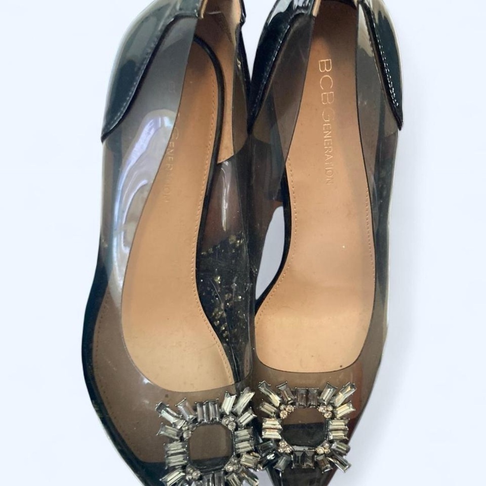 BCBGeneration Black and Sheer Heels with Crystal Gemstones Embellished Toe 9.5